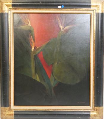 une peinture à l'huile représentant une plante « oiseau de paradis », dans un cadre doré