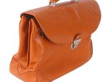 an orange leather briefcase with a metal handle on a white background