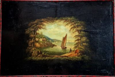 a picture of a painting of a boat in the water