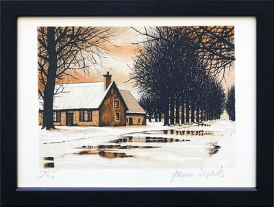 une image représentant un tableau d'une maison sous la neige