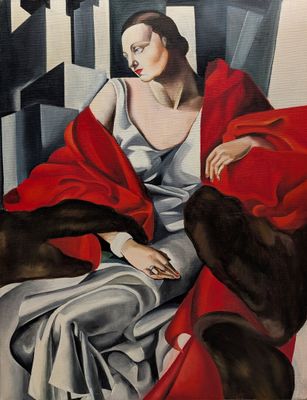 an oil painting of a woman sitting in a chair with a red blanket
