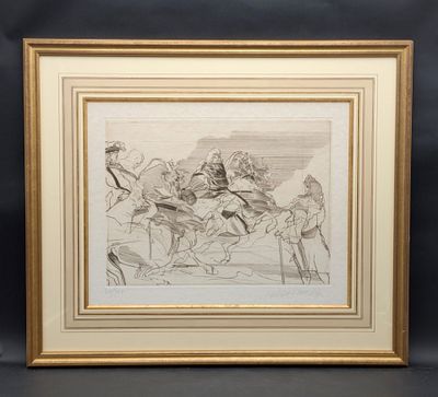 un dessin représentant un groupe de personnes à cheval dans un champ