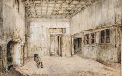 drawing of a room with a fireplace and a chair in it