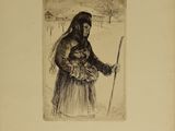 an old drawing of a man holding a stick in his hand