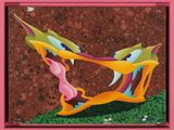 peinture abstraite représentant deux oiseaux dans un cadre rose sur fond marron