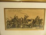 tableau représentant un groupe d'hommes à cheval, avec un cheval tiré par un homme monté à cheval