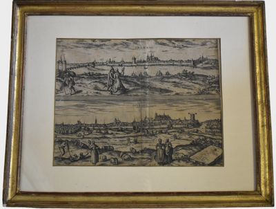 dessin encadré représentant une vue de ville avec des bateaux sur l'eau