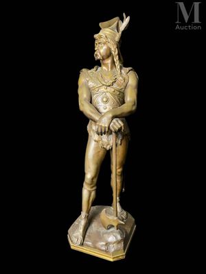 a gold statue of a man with a sword on a black background