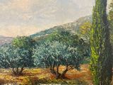 an oil painting of a field with trees and a stone wall
