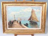 painting of a sailboat on a pier with a lighthouse in the background