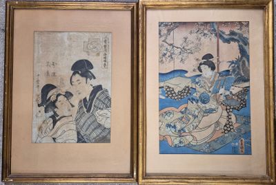 deux gravures encadrées représentant une femme et un enfant assis sur un banc
