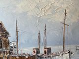 painting of boats in a harbor with a building in the background