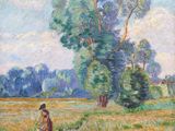 un tableau représentant une femme dans un champ, avec des arbres en arrière-plan