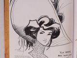un livre ouvert sur lequel figure le dessin d'une femme portant un chapeau
