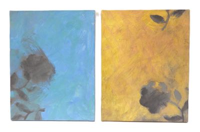 two paintings of flowers are shown on a yellow and blue background