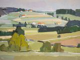 an oil painting of a green field with houses in the distance