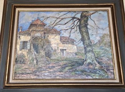 tableau représentant une maison dans un champ, avec un arbre au premier plan