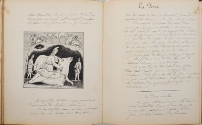 un livre ouvert sur lequel figure le dessin d'une femme et d'un chien