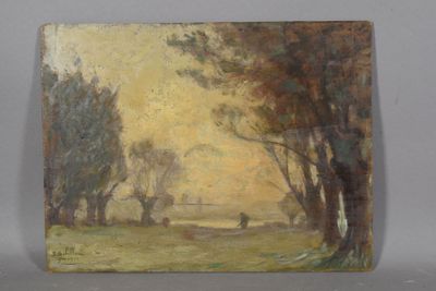 an image of a painting of a landscape with trees in the foreground