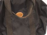 a black bag with a wooden button in it