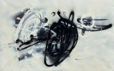 a black and white painting of a motorcycle on the wall