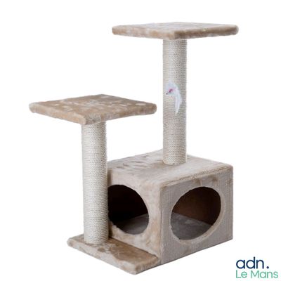 a close up of a cat tree with a scratching post