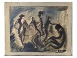 une image d'un tableau représentant un groupe de personnes sur une plage