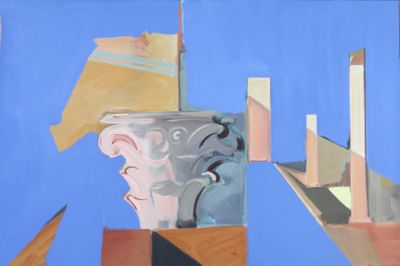 a painting of a vase on a table in front of a blue background