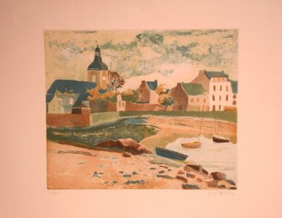 a picture of a painting of a village by the water