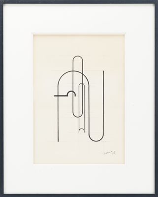 un dessin en noir et blanc représentant la lettre « h », dans un cadre noir