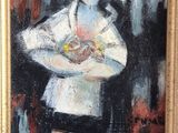 une peinture à l'huile représentant une femme tenant un bébé dans ses bras