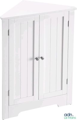 Le meuble d'angle est blanc et comporte une porte à l'avant.