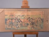 painting of a group of people in a field on a easel