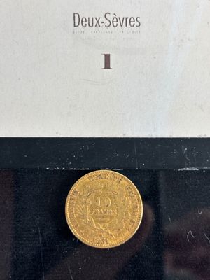 a close up of a gold coin on display in a glass case