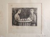 a drawing of a man and a woman sitting at a table with apples