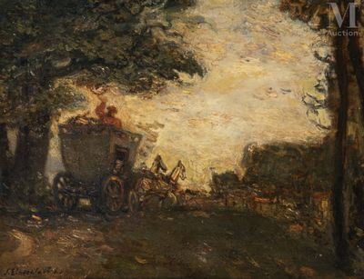 an image of a painting of a man on a horse drawn carriage