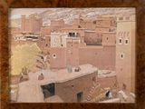 a picture of a painting of a village in the desert
