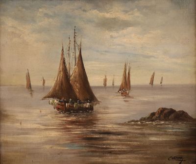 painting of a group of sailboats in a body of water with rocks in the background