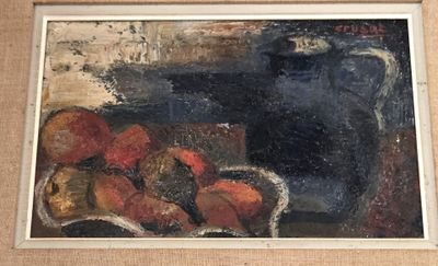 un tableau représentant un vase bleu et une corbeille de fruits
