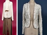 two pictures of a woman ' s dress and jacket on a mannequin