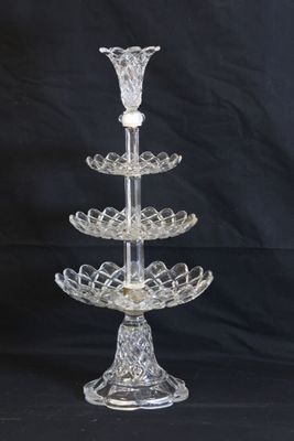 an image of a glass cake stand on a black background