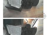 two pictures of a laptop on a stand on the floor