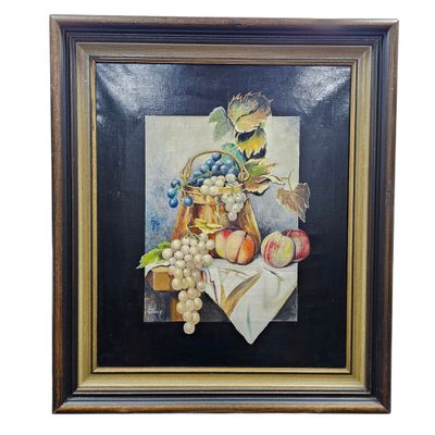 tableau représentant une nature morte composée de fruits et de fleurs dans un vase