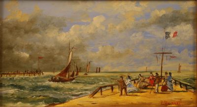 painting of a group of people standing on a beach next to a body of water