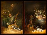two paintings of birds and flowers in a vase on a table