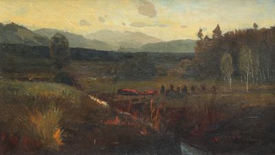 peinture représentant un tableau représentant un paysage avec une rivière et des montagnes en arrière-plan