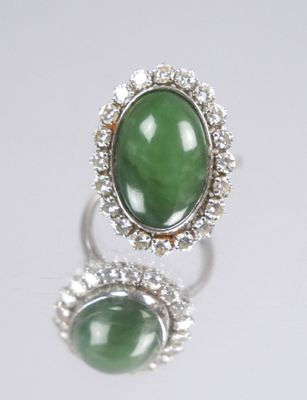 pair of green jade and diamond rings