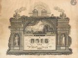 an old drawing of a building with a clock on top of it