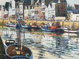 a painting of a harbor with boats in the water