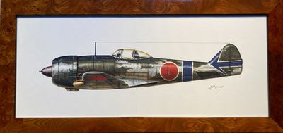 tableau représentant un ancien avion de chasse de la Seconde Guerre mondiale, dans un cadre en bois